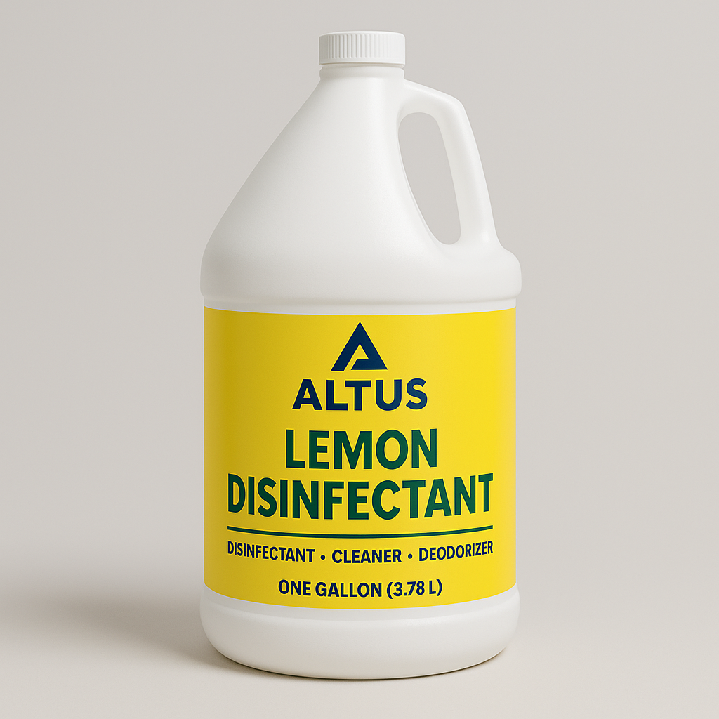 Lemon Disinfectant – 4 Gallons Powerful and refreshing, our Lemon Disinfectant is a multipurpose cleaner, disinfectant, and deodorizer ideal for commercial and institutional use. The bright lemon scent leaves spaces smelling clean, while the professional-grade formula kills germs and cuts through grease, grime, and buildup on floors, countertops, restrooms, and other high-touch surfaces. Perfect for schools, offices, janitorial services, and industrial facilities.